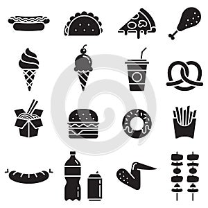 Fast food black icons. Vector illustrations.