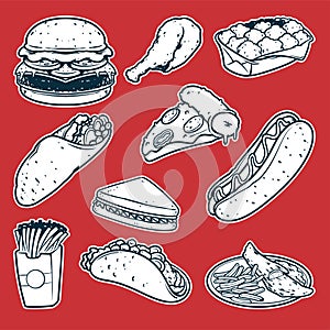 fast food black and white doodle hand drawn, drawing burger, frech fries, taco, burrito, hot dog, and pizza sanwich vector