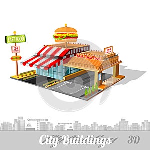 Fast food building with hamburger on roof