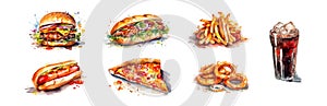 Fast food: burger, doner, hot-dog, pizza, french fries and onion rings fries. Watercolour, isolated on white background