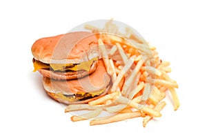 Fast Food Burger and French Fries Isolated on White