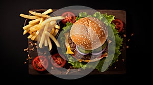 Fast food. Burger, fries and lettuce on a dark background