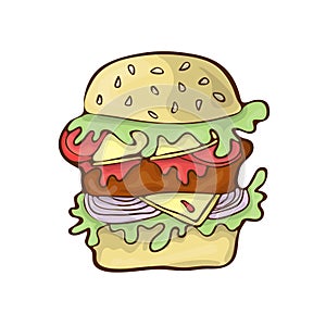 Fast food burger icon vector cartoon handdrawn
