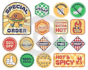 Fast food burger packaging stickers. Special order label, caution hot badge, meat type labels for Chicken, Fish and Beef