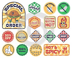 Fast food burger packaging stickers. Special order label, caution hot badge, meat type labels for Chicken, Fish and Beef, Vegan