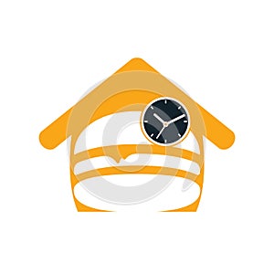 Burger time vector logo design template. Big burger with clock icon logo design.