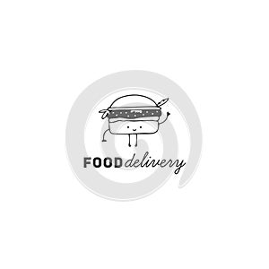 Fast food cafe delivery service logo template with hand drawn vector burger icon, cute character.