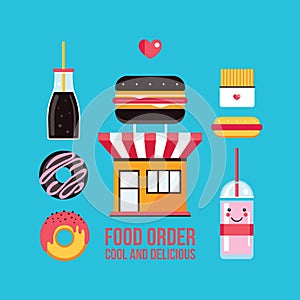 Fast food cafe facade and food icons set