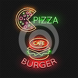 Fast food cafe neon signs - pizza and burger neon banners
