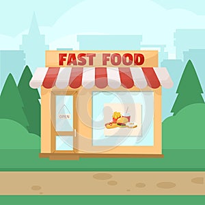 Fast food cafe. Restorant facade on city landscape. Cartoon vector.