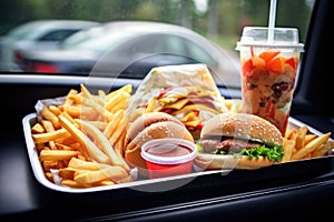 fast food on car dashboard