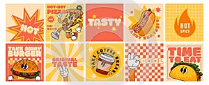 Fast food cards. Retro posters, stickers with hot dog, taco, burger, pizza for menu cafe, restaurant. Funky patches