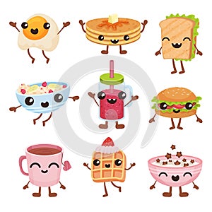 Fast food cartoon characters set, delicious dishes and drinks with smiling faces vector Illustration on a white