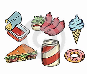 Fast food cartoon icon set. Hamburger, hot dog, shawarma, wok noodles, pizza and others for takeaway cafe design.