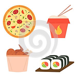 Fast food cartoon icon set. Pizza, chicken basket, wok noodles and sushi for takeaway cafe design.
