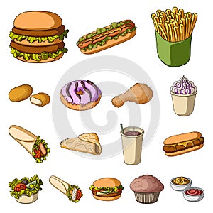 Fast food cartoon icons in set collection for design.Food from semi-finished products vector symbol stock web