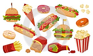 Fast food cartoon set donut menu tasty lunch vector