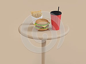 Fast food cartoon style hamburger set on table with red cup french fries 3d rendering