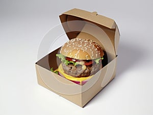 Fast Food Cheese Burger with Beef Delicious Packaged in a Practical Box