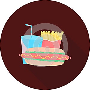 Fast food in circle icon with long shadow vector illustration. Fast-food of french fries, hot dog icon and soda drink illustration