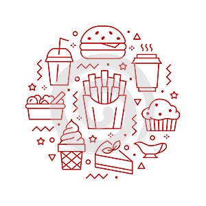 Fast food circle illustration with flat line icons. Thin vector signs for restaurant menu poster - burger, french fries