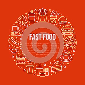 Fast food circle illustration with flat line icons. Thin vector signs for restaurant menu poster - burger, french fries