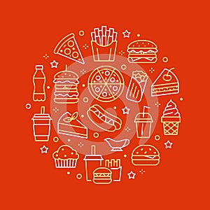 Fast food circle illustration with flat line icons. Thin vector signs for restaurant menu poster - burger, french fries