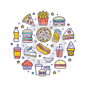Fast food circle illustration with flat line icons. Thin vector signs for restaurant menu poster - burger, french fries