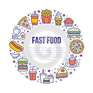 Fast food circle illustration with flat line icons. Thin vector signs for restaurant menu poster - burger, french fries