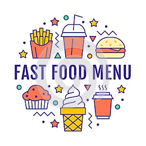 Fast food circle illustration with flat line icons. Thin vector signs for restaurant menu poster - burger, french fries