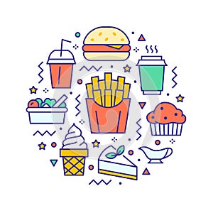 Fast food circle illustration with flat line icons. Thin vector signs for restaurant menu poster - burger, french fries