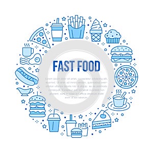 Fast food circle illustration with flat line icons. Thin vector signs for restaurant menu poster - burger, french fries