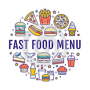 Fast food circle illustration with flat line icons. Thin vector signs for restaurant menu poster - burger, pizza, hot