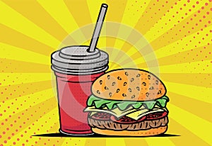 Fast food, cold drink and burger in pop art illustration