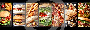 Fast food collage divided with white vertical lines, 7 segments with bright white light