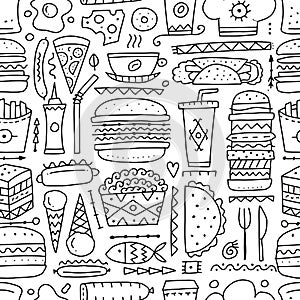 Fast food collection. Hamburger pizza sausages snacks sandwich ice cream. Food menu, seamless pattern for your design