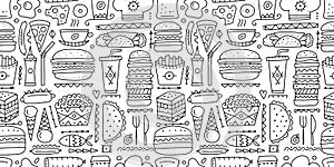 Fast food collection. Hamburger pizza sausages snacks sandwich ice cream. Food menu, seamless pattern for your design