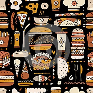 Fast food collection. Hamburger pizza sausages snacks sandwich ice cream. Food menu, seamless pattern for your design