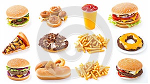 Fast food collection isolated on white background. Ai Generative