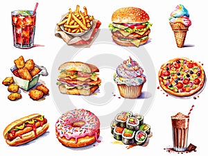 fast food collection, junk food, fries, burger, isolated on white background, realistic illustration. Generative ai