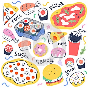 Fast food collection, menu food illustrations for delivery service, italian pepperoni pizza, japanese sushi rolls and