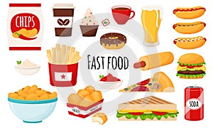Fast food collection. A set of fatty, high-calorie, harmful food. Hamburger, hot dog, chips, French fries, chicken nuggets, pizza