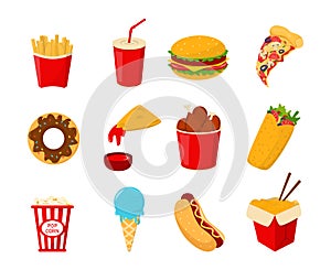 Fast food collection vector isolated. Set of junk food