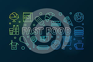 Fast food colored horizontal banner. Vector outline illustration