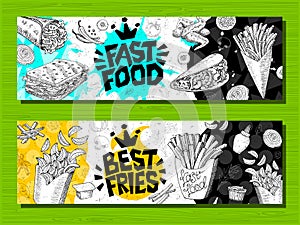 Fast food colorful modern banners set labels. Fast food. French fries. donuts. Hot dog, hamburger, coffee, wings, nuggets, tacos.