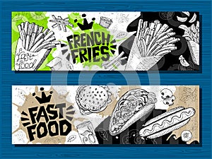 Fast food colorful modern banners set labels. Fast food. French fries. donuts. Hot dog, hamburger, coffee, wings, nuggets, tacos.