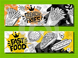 Fast food colorful modern banners set labels. Fast food. French fries. donuts. Hot dog, hamburger, coffee, wings, nuggets, tacos.