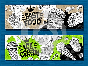 Fast food colorful modern banners set labels. Fast food. Ice cream. donuts. Hot dog, hamburger, coffee, wings, nuggets, tacos