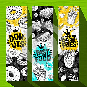 Fast food colorful modern banners set labels. Pizza. Ice cream. Hot dog, hamburger, coffee, donuts, nuggets, tacos.
