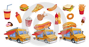 Fast food colorful set. Hotdog and Hamburger. Street food. Popcorn and hot dog. Cartoon fast food for design. Meal festival.